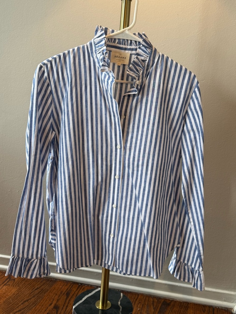Sezane Blue and White Striped Ruffle-Collar Blouse-size 36/8/M/L Never Worn